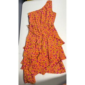 PrettyGarden One Shoulder Dress L Orange Pink Floral Tiered Ruffle